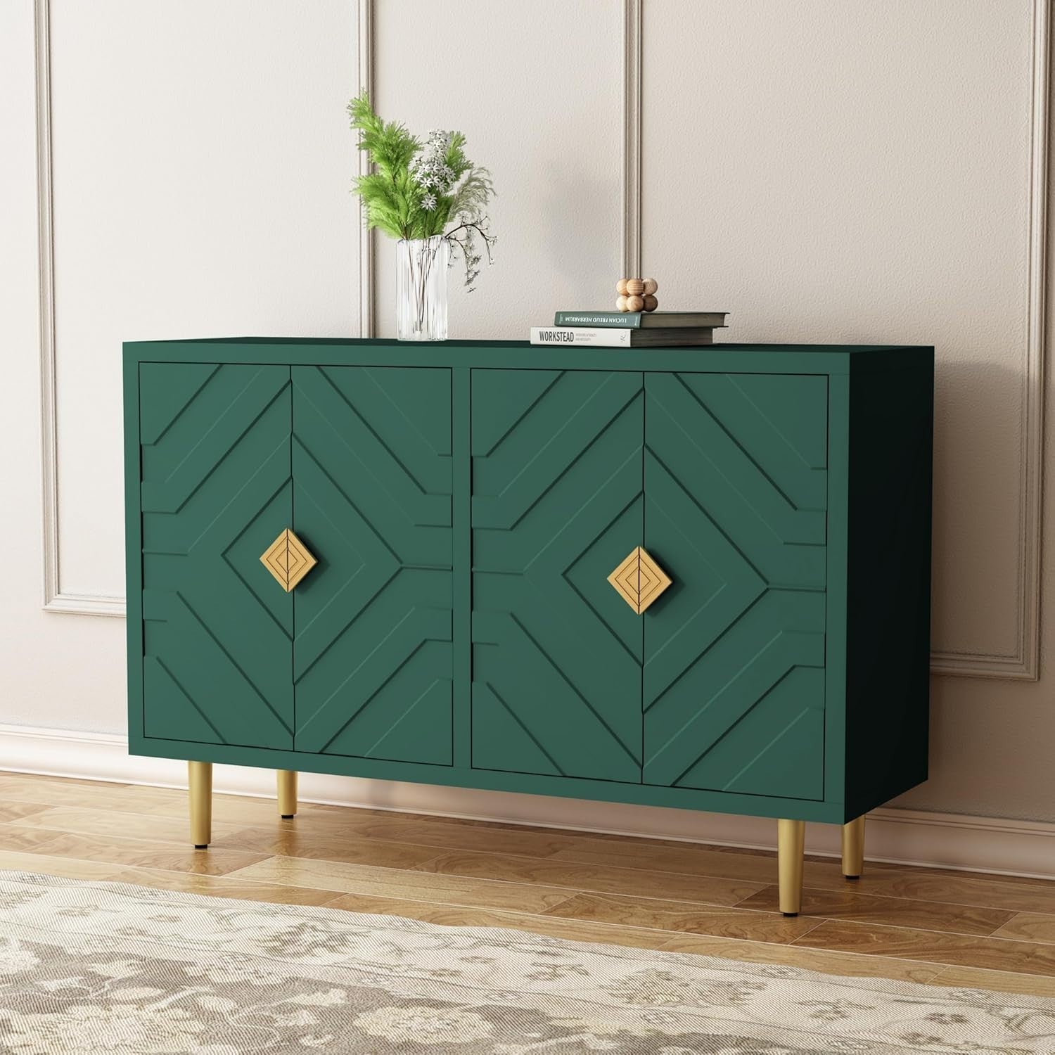 Green Kitchen Sideboard Cabinet 4 Doors Storage Buffet Table with Shelves