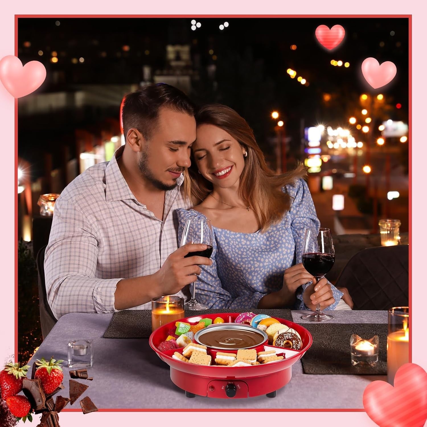 Electric Fondue Pot Set Chocolate Melting Kit Forks Tray Red