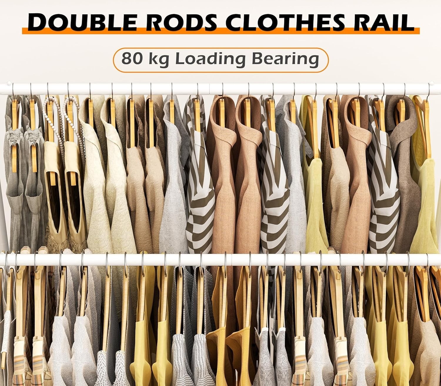 Double Clothes Rail 80KG Heavy Duty Rack With Shelf White