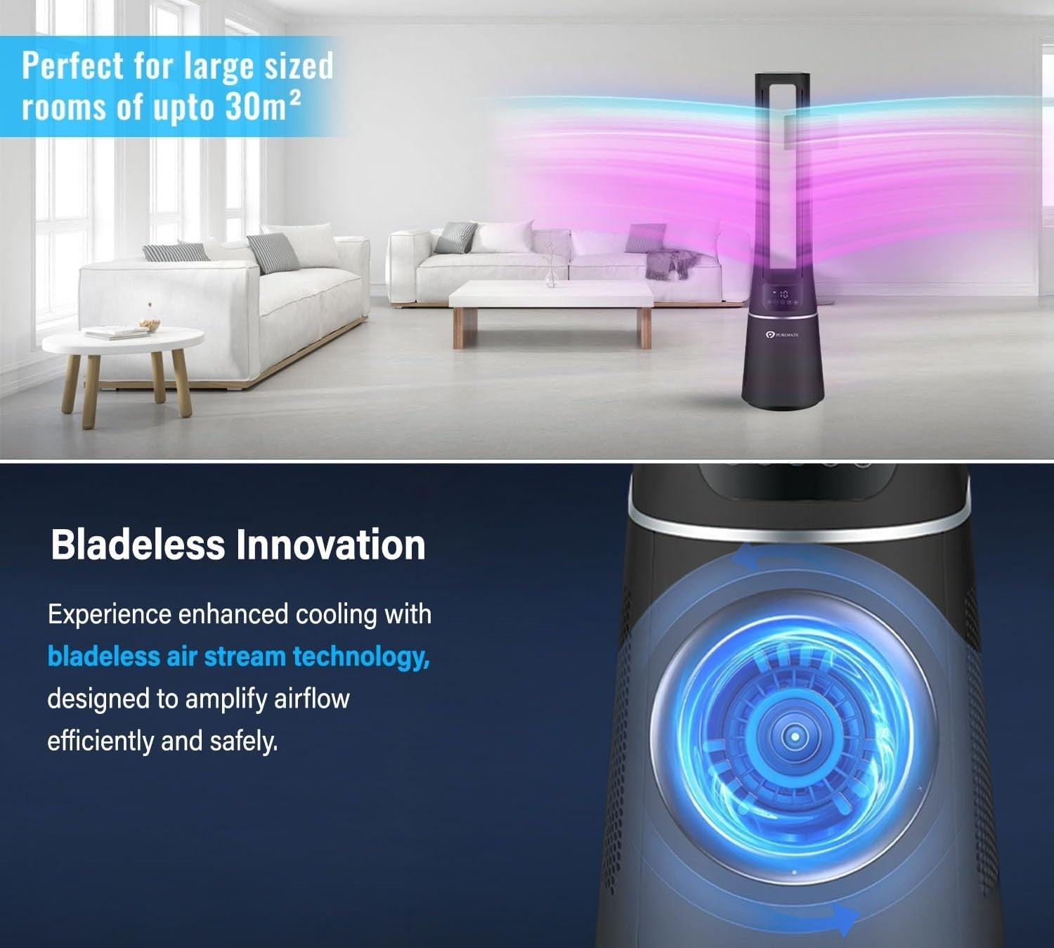 2-in-1 Bladeless Tower Fan Air Purifier HEPA Filter 10-Speed Remote Black Quiet