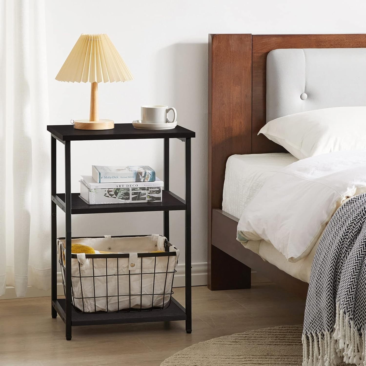 3-Tier Industrial Side Table with Storage Shelves & Protective Feet, Black