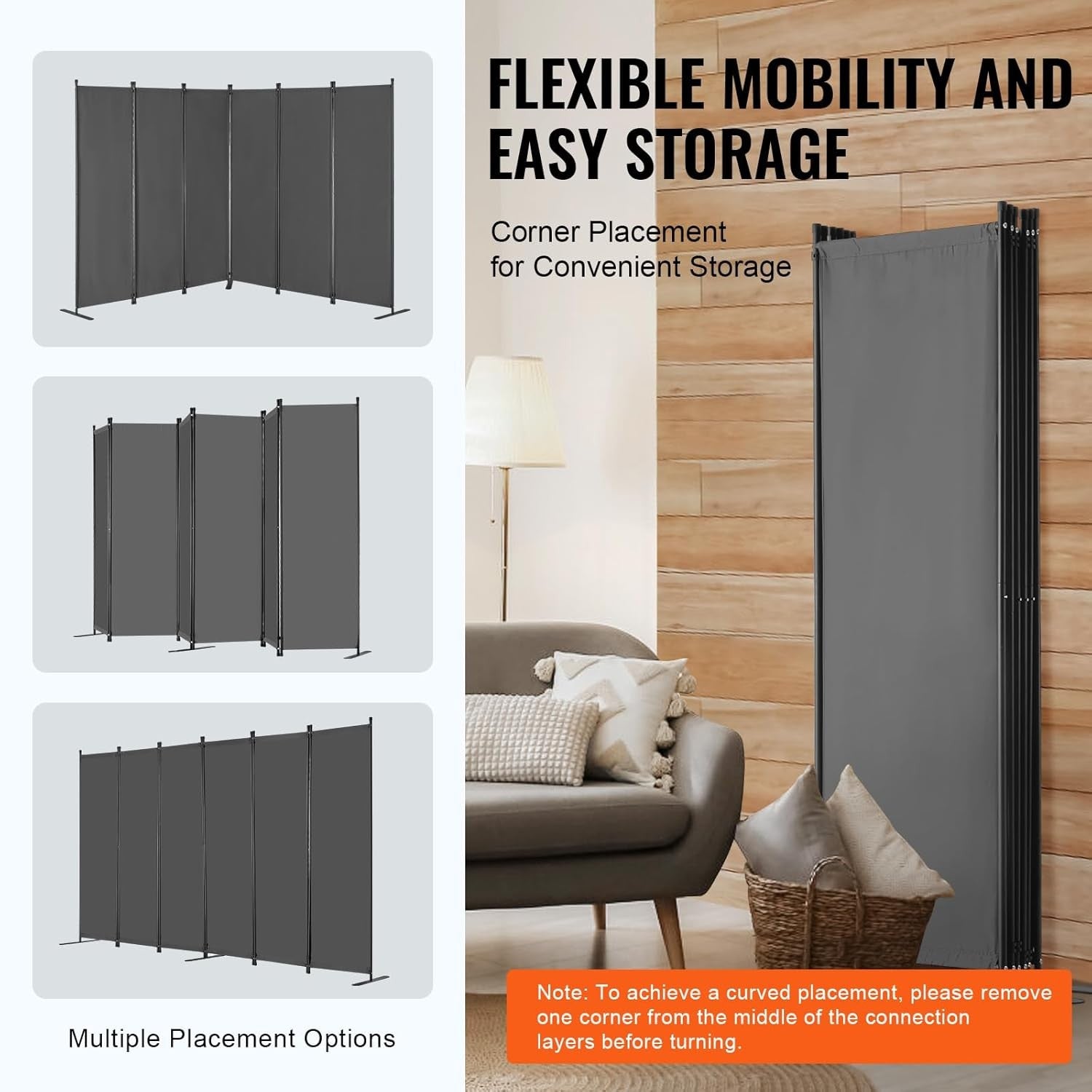 6 Panel Folding Room Divider Privacy Screen – Freestanding Partition Wall for Ho