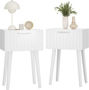 Set of 2 White Fluted Bedside Tables – Modern Nightstands with Drawer & Tall Leg