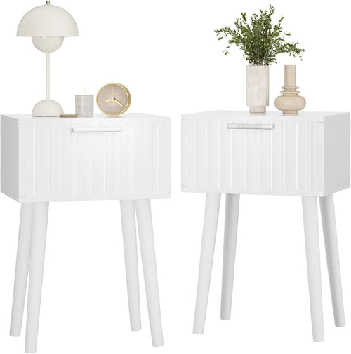 Set of 2 White Fluted Bedside Tables – Modern Nightstands with Drawer & Tall Leg