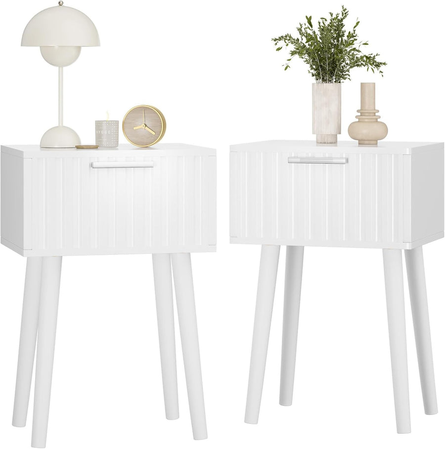 Set of 2 White Fluted Bedside Tables – Modern Nightstands with Drawer & Tall Leg