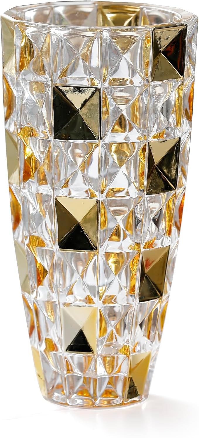 Gold Diamond Glass Vase Luxury Tall Crystal Style Flower Vase Home Decor