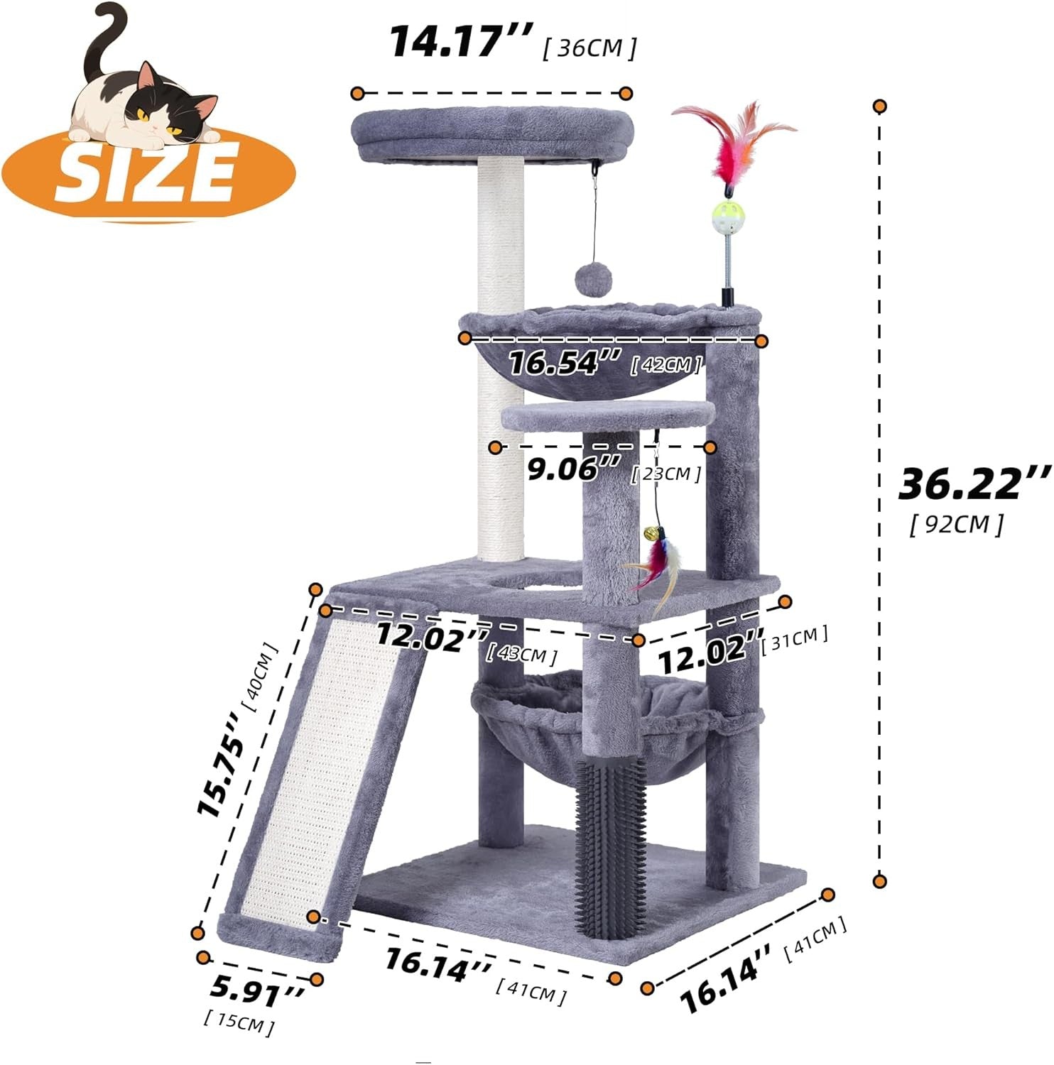 Grey Multi Level Cat Tree Tower with Hammock Scratching Posts Play Ladder
