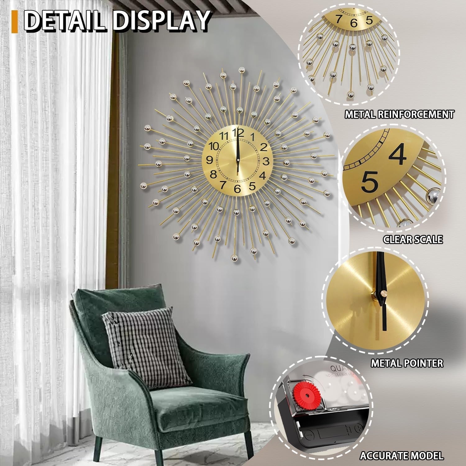 60cm Gold Sunburst Wall Clock – Silent Quartz Modern Decorative Metal Design