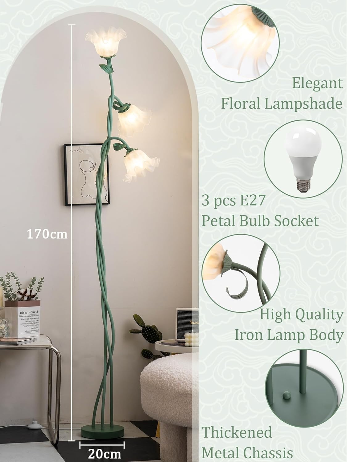 LED Flower Floor Lamp for Living Room, Adjustable 3-Light Reading Lamp