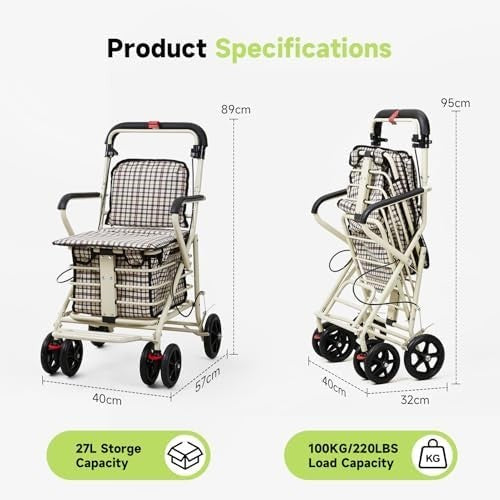Walk & Rest Shopping Trolley with Seat 27L Foldable 4 Wheel Brakes White