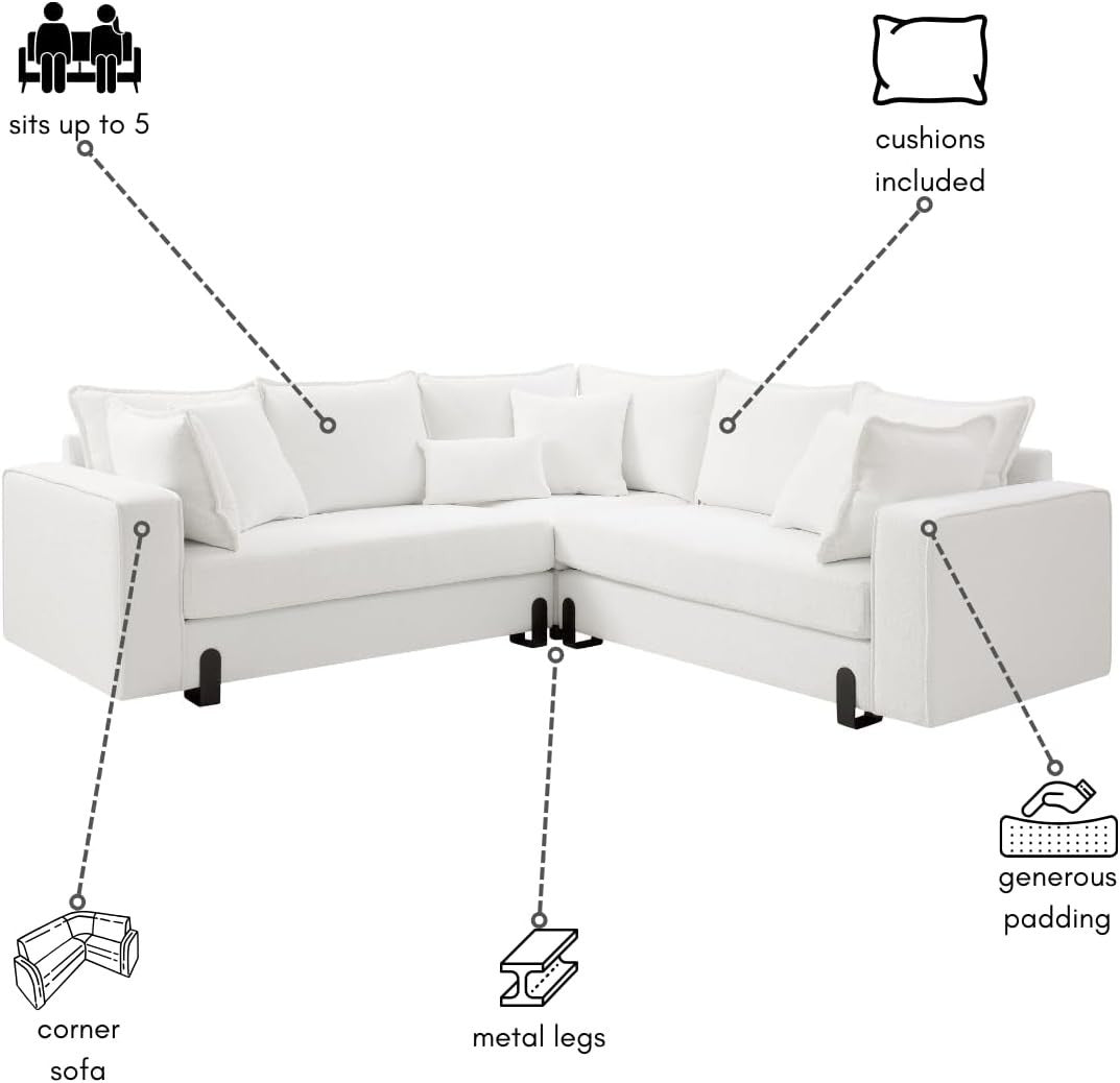 Large 5 Seater L-Shape Corner Sofa - Plush Boucle or Linen Fabric, Modern Comfor