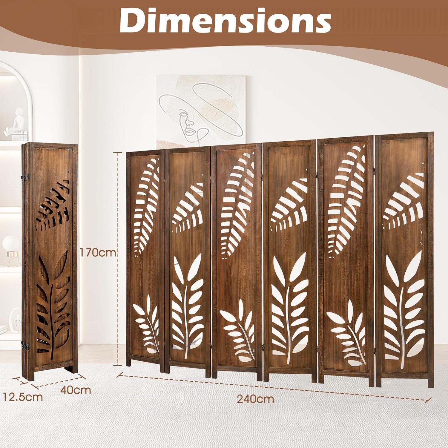 6 Panel Brown Carved Wood Room Divider Leaf Design Folding Privacy Screen