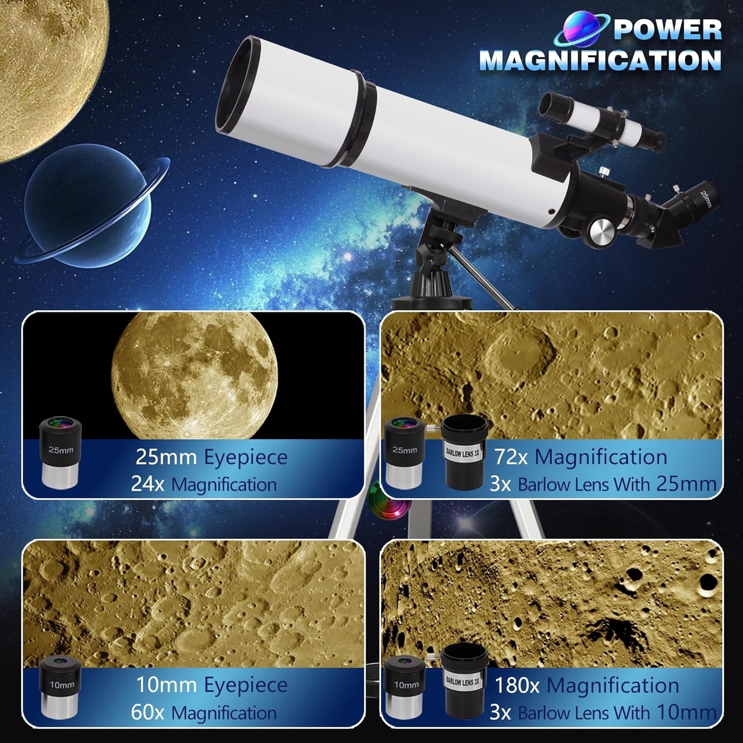 80mm Aperture Refractor Telescope 600mm Focal Length 180x Zoom Tripod