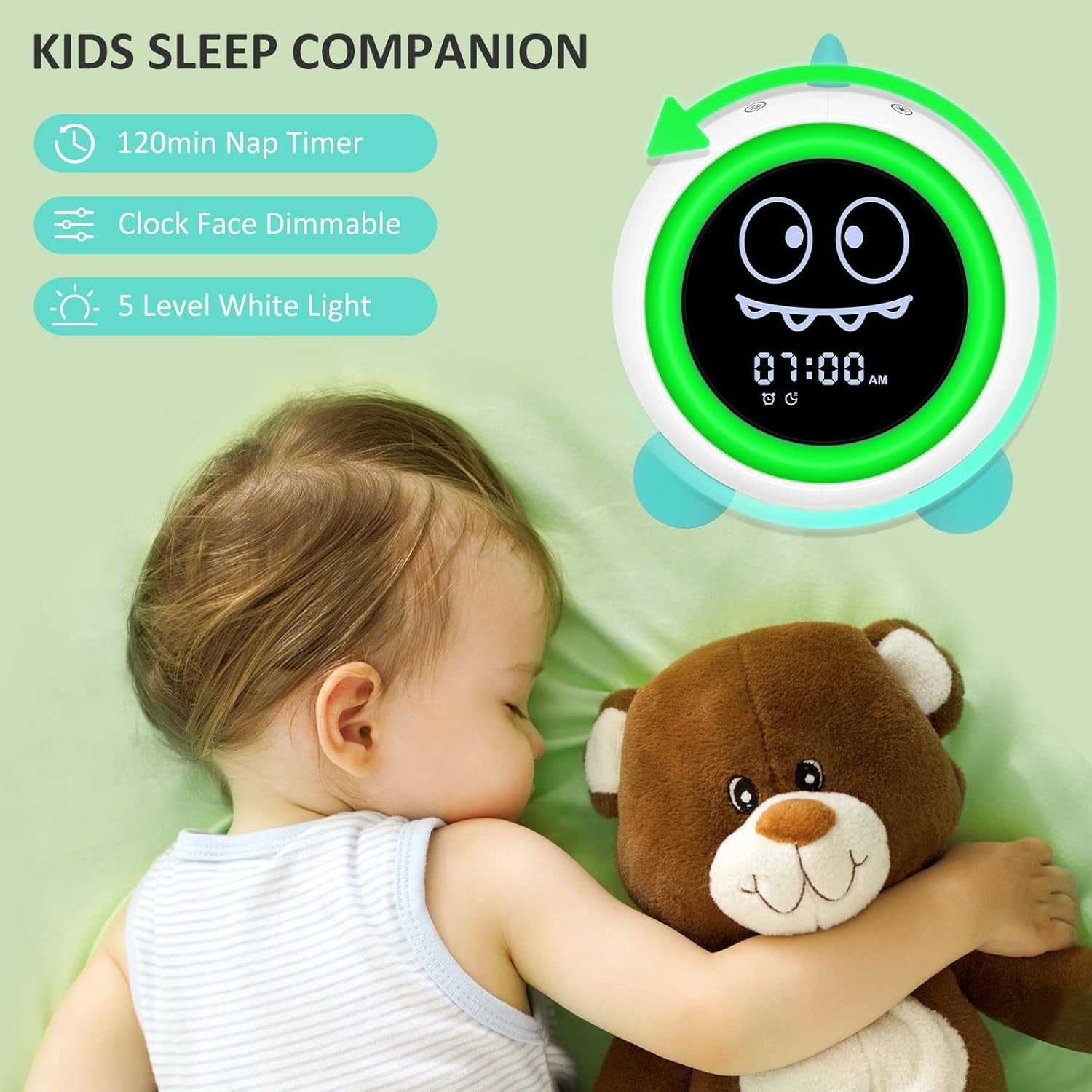 Toddler Sleep Training Clock with Night Light & Sound Machine Green
