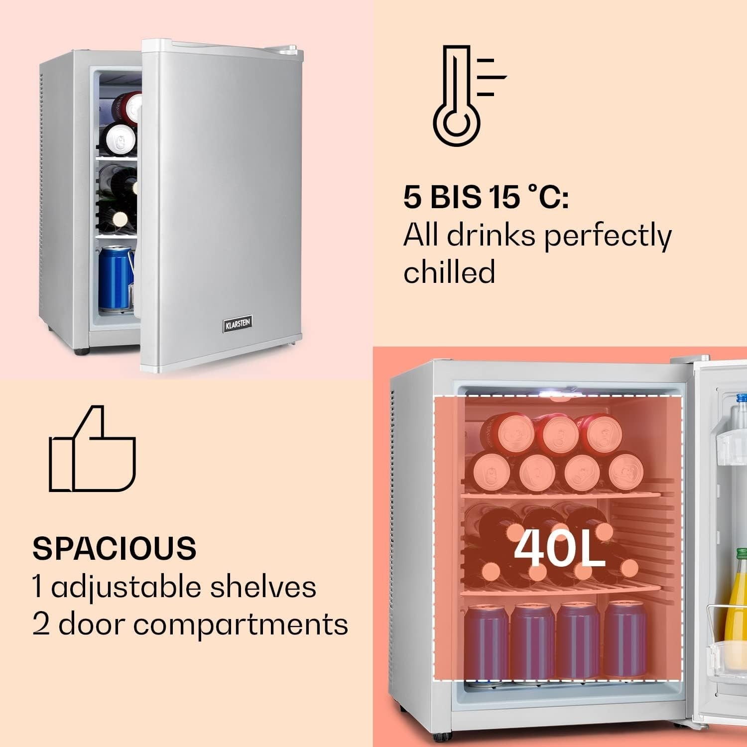 40L Mini Fridge Silver Portable Cooler and Drinks Fridge Adjustable Shelves