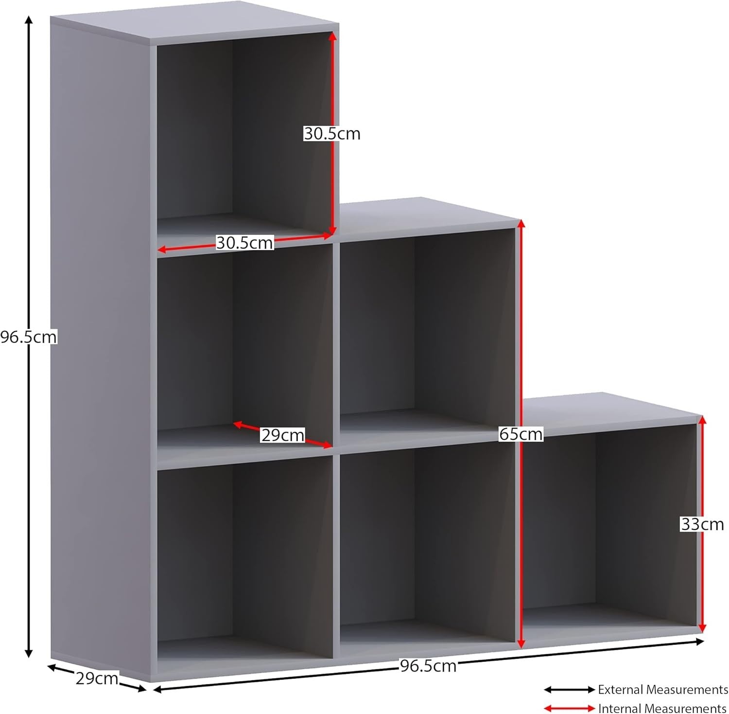 Grey 6 Cube Staircase Bookcase with 3 Fabric Baskets – Modern Storage Unit