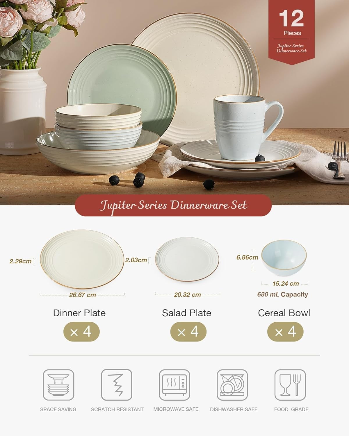 12pc Stoneware Dinner Set Multi Color Gold Rim Plates Bowls Dishwasher Safe