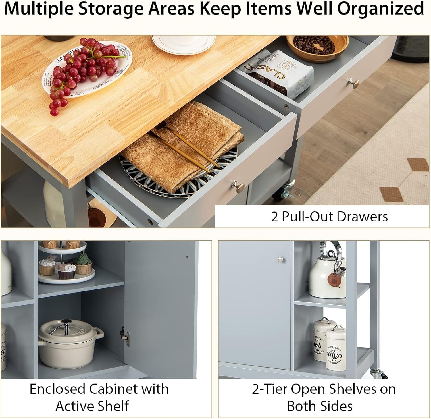 Mobile Kitchen Island Cart with Rubber Wood Top, Adjustable Shelves & Locking