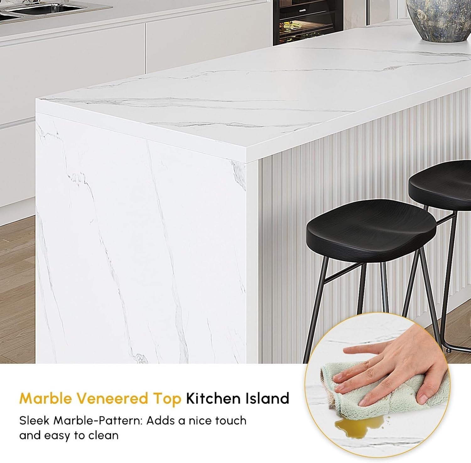 183cm White Kitchen Island with Marble Effect Top, 3 Drawers & 8 Storage Shelves