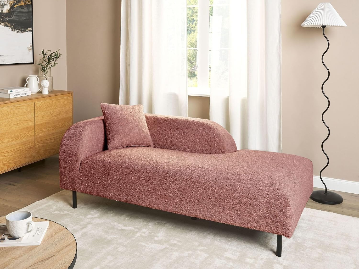 Pink Boucle Left Hand Chaise Lounge | Retro Minimalist Sofa Seat, Metal Legs