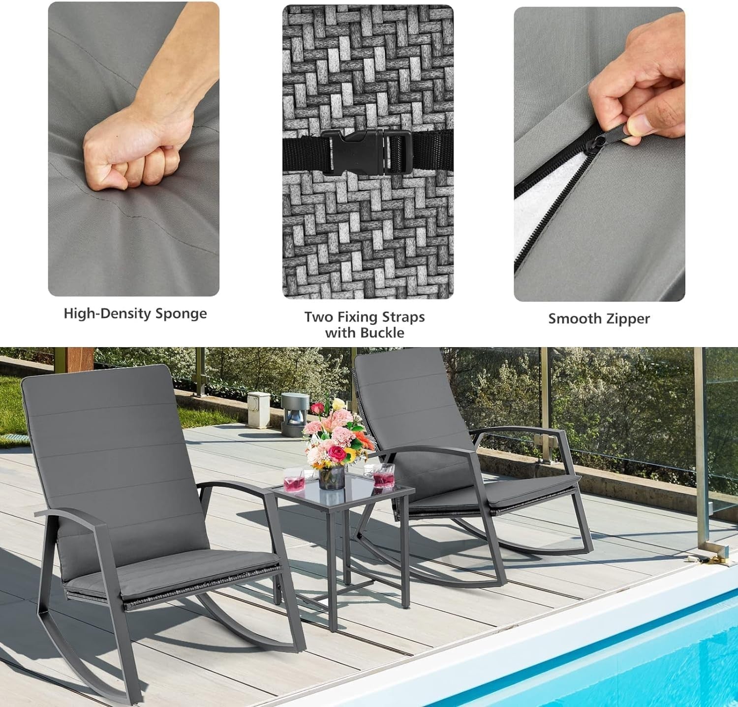 Patio Rocking Chair Bistro Set Cushioned Swing Seats Glass Side Table