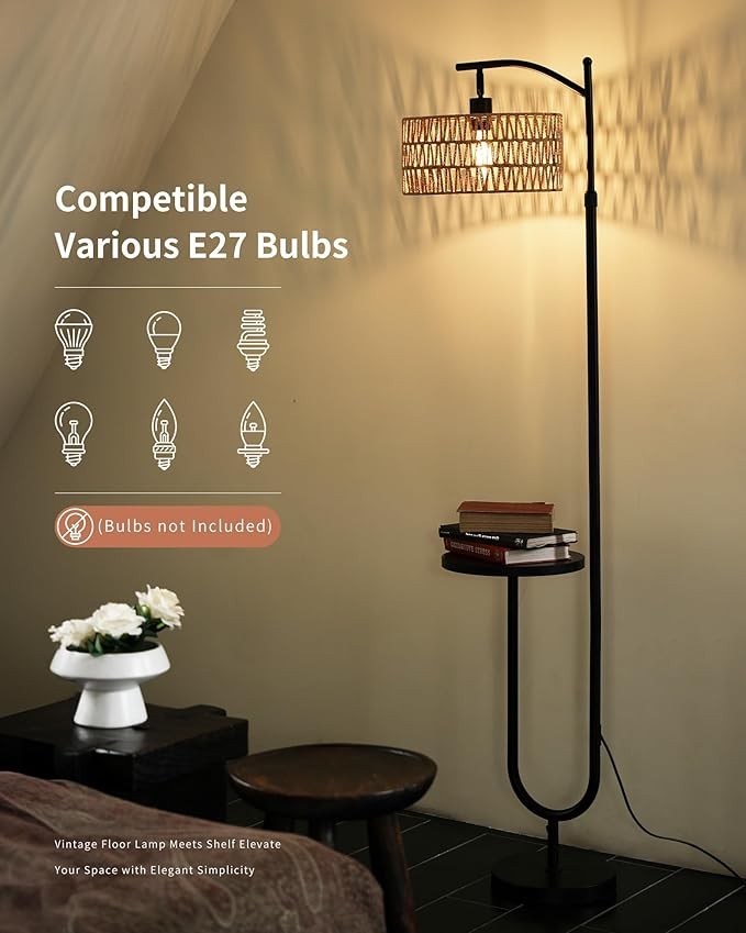 Floor Lamp with Shelf Rattan Standing Light Adjustable Height Boho Black