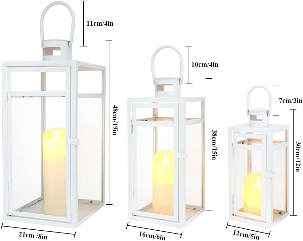 TRIROCKS Set of 3 White Metal Lanterns Outdoor Candle Holders