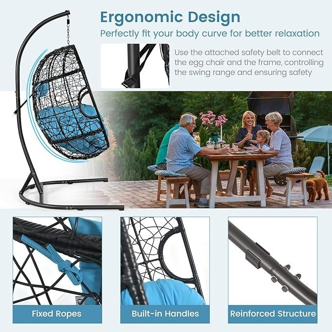 Hanging Egg Chair with Stand – Rattan Wicker, Cushions, Indoor Outdoor Use