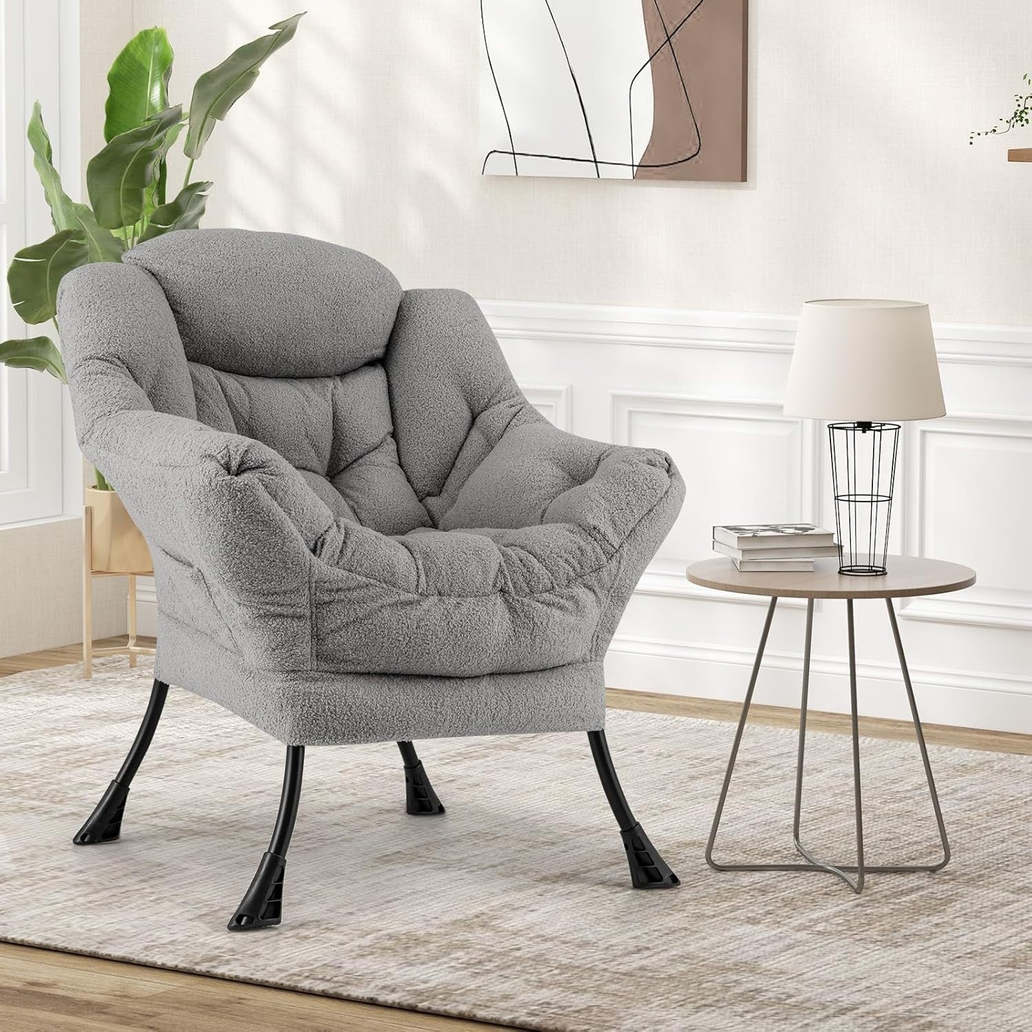 Grey Sherpa Armchair Comfy Reading Chair Lounge Sofa w/ Side Pocket