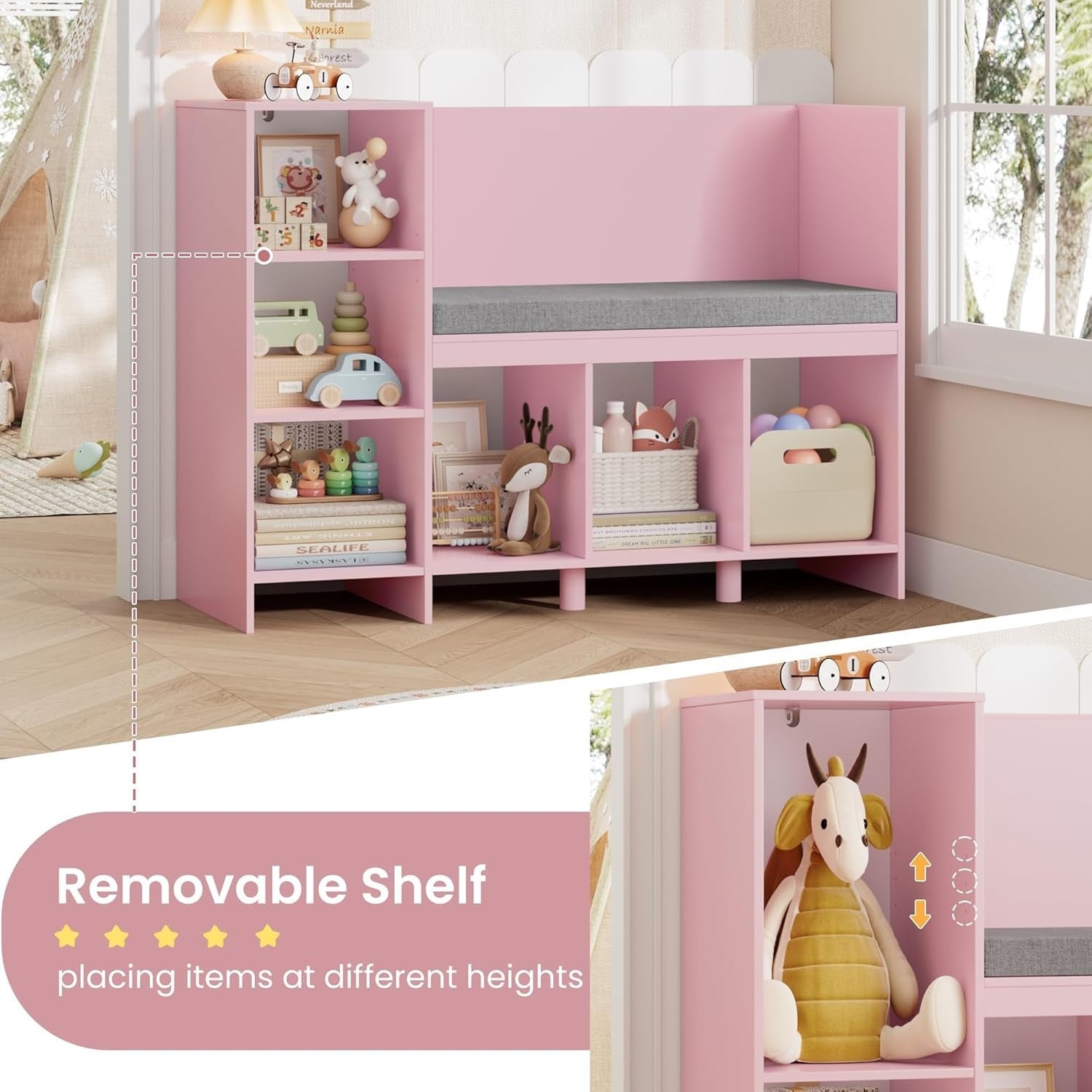 Kids Bookcase with Seat Cushion 6 Cube Toy Storage Shelf Bench Pink 110cm