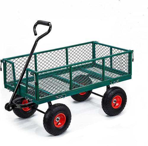 Green Heavy Duty Garden Trolley 1100lbs Steel Mesh Cart Wagon with 10" Tyres