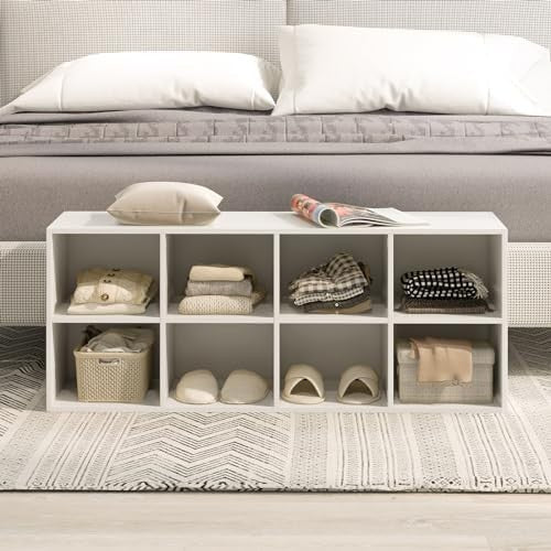 White Shoe Bench with 8 Compartment Storage Rack Seat for Hallway Bedroom