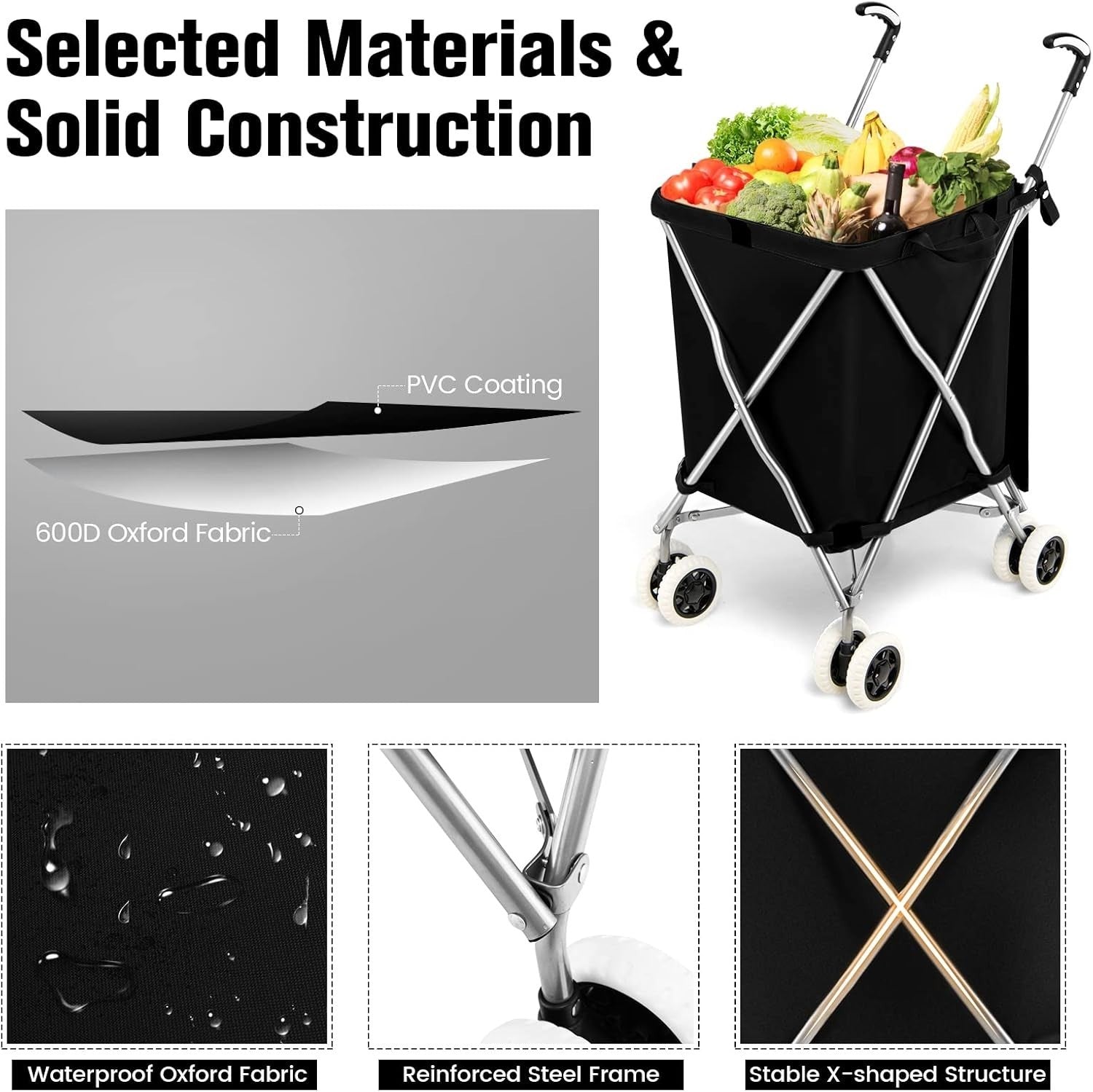 90L Folding 8-Wheel Utility Shopping Cart Trolley Lightweight Black