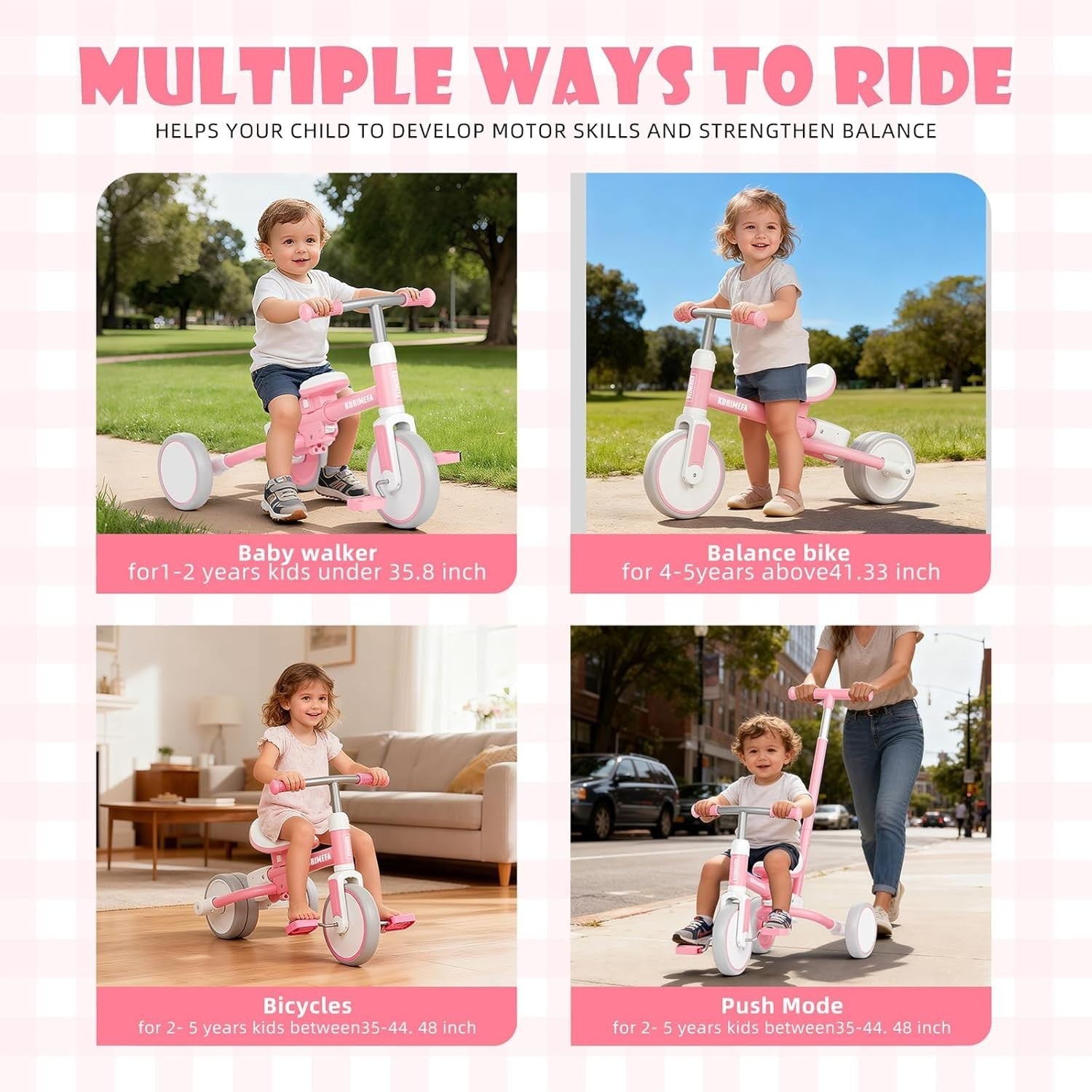 5 In 1 Toddler Tricycle Push Handle Balance Bike Adjustable Seat Pink