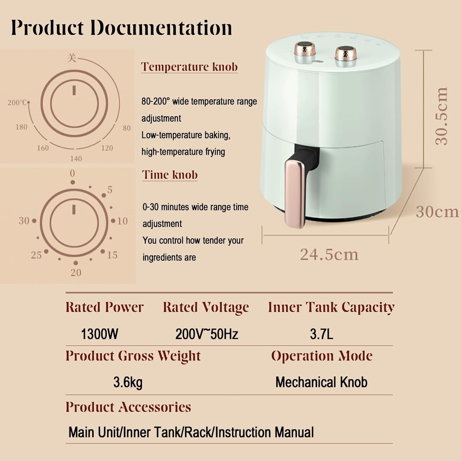 Pink Air Fryer 3.7L 1300W Compact 10-in-1 Oil Free Rapid Air 30min Timer
