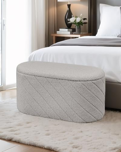 Grey Oval Storage Ottoman Bench 3-in-1 Footrest Seat with Hidden Storage