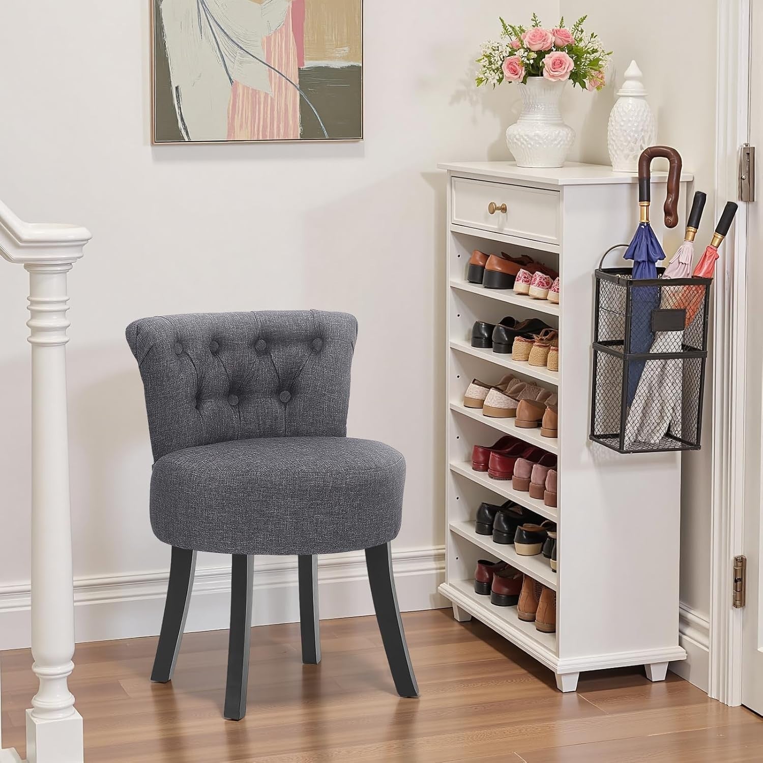 Dark Grey High-Back Dressing Table Chair, Comfy Linen Vanity Seat Wooden Legs