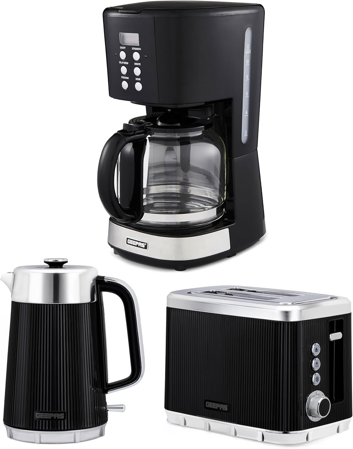 3pc Coffee Maker Kettle Toaster Set | 1.5L Programmable Brew | 1.7L Fast Boil