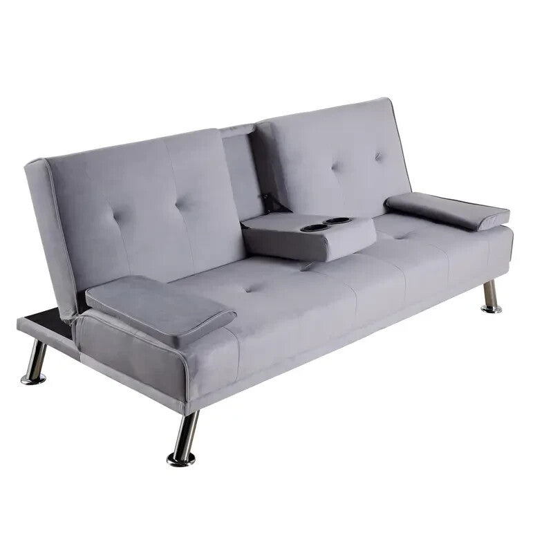Grey Velvet Sofa Bed 3 Seater Fold Out Couch w/ Cup Holders & Armrests