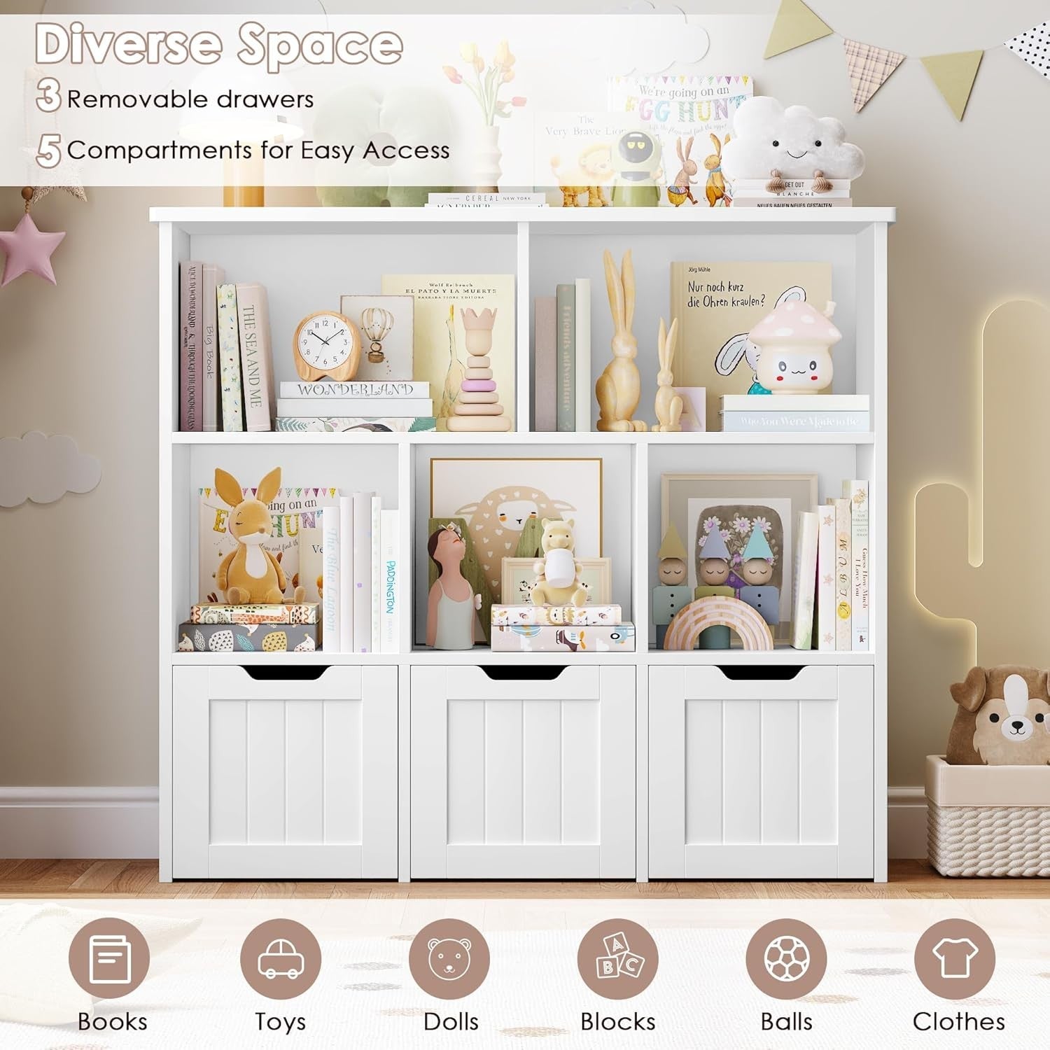 White Kids Toy Storage Cabinet with Wheels & Bookshelf – 8 Compartments