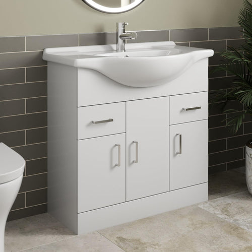 850mm White Gloss Vanity Sink Unit – Freestanding Bathroom Basin Cabinet