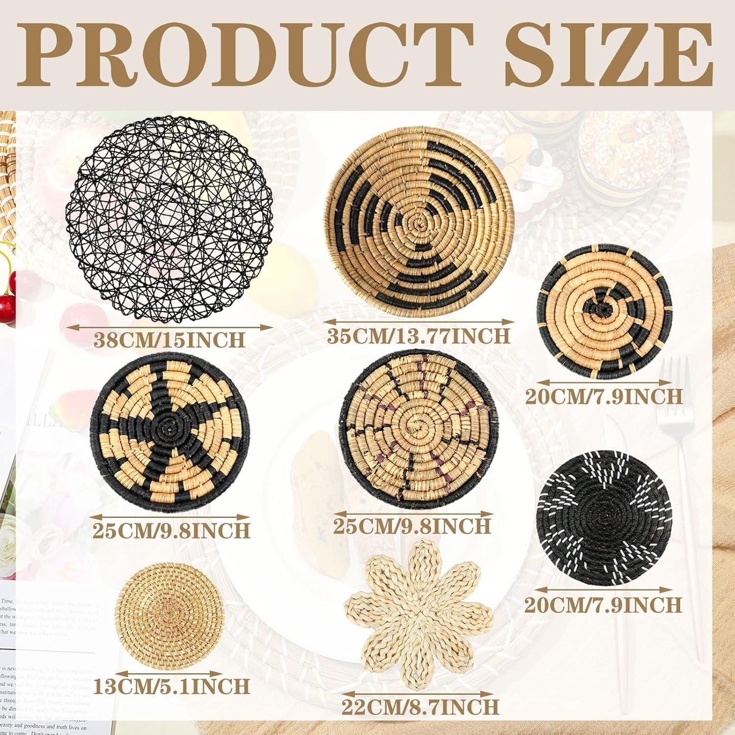 Boho Wall Basket Decor Set 11pcs – Rustic Bulrush Woven Round CLR