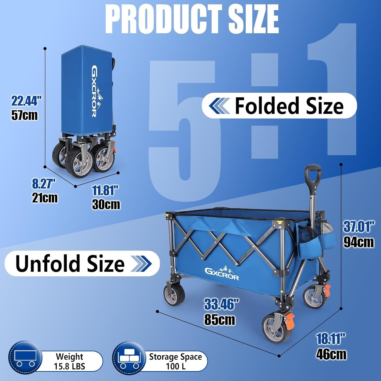 Blue 140L Heavy Duty Folding Wagon 130kg Trolley 14.5cm Wide Wheel Cart w/ Brake