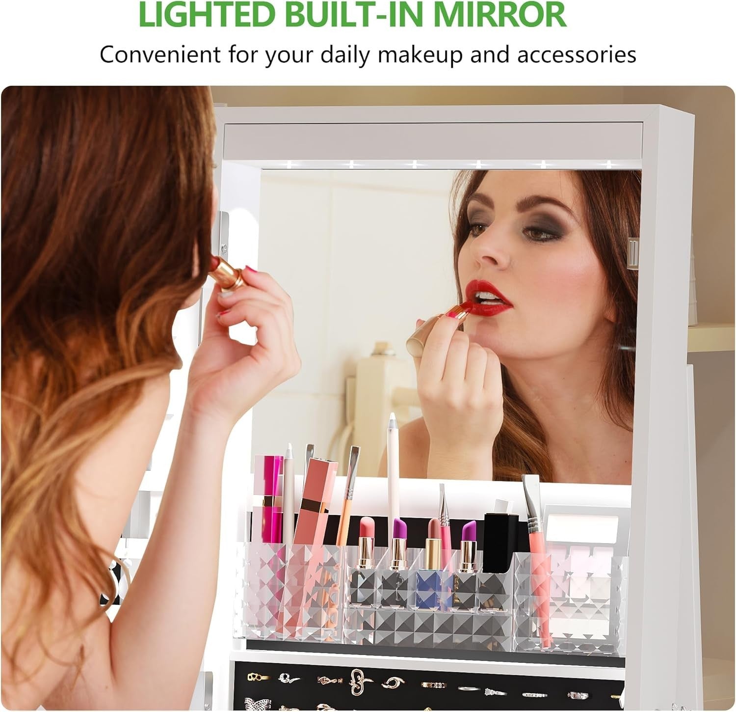 White 360° Swivel LED Jewelry Cabinet Mirror Lockable Rolling Organizer