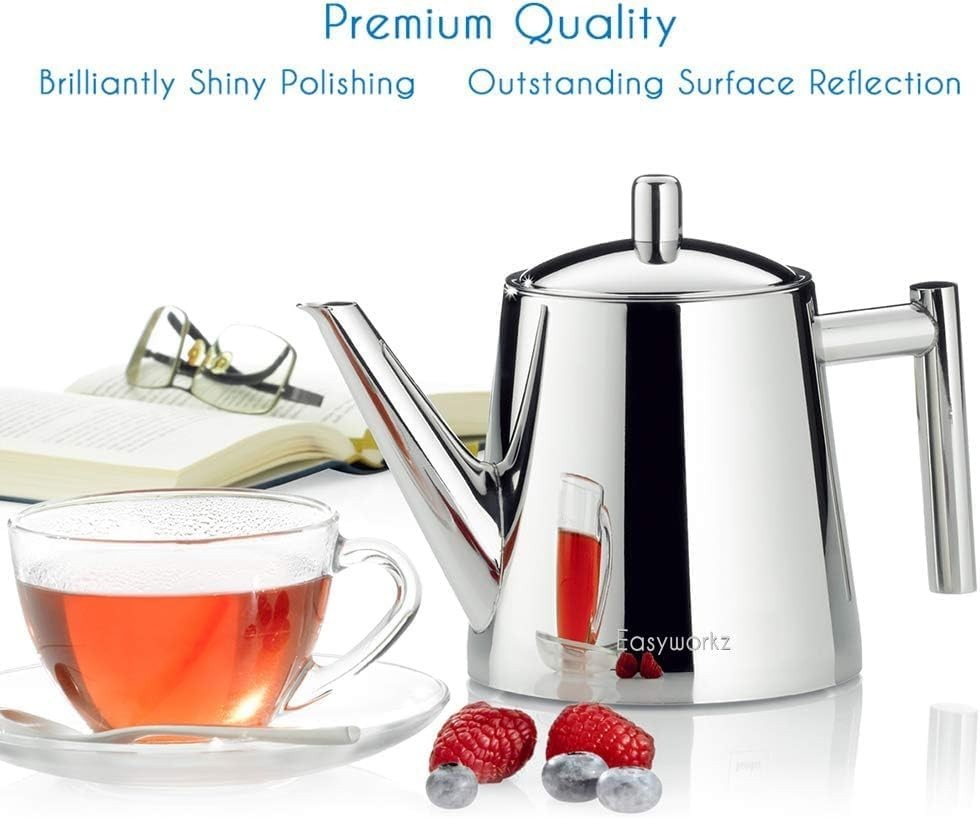 Double Wall Stainless Steel Teapot 1000ml Removable Infuser Tea Pot
