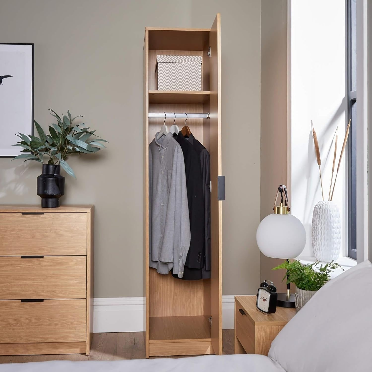 Slim Oak Effect 1-Door Wardrobe with Shelf & Hanging Rail – Compact Storage