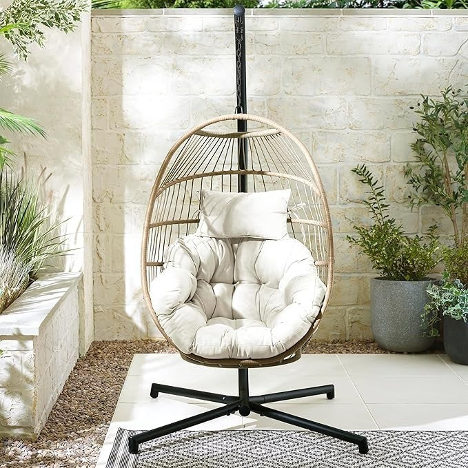 Rattan Hanging Egg Chair Outdoor Swing Seat w/ Cushion & Cover – Garden Patio