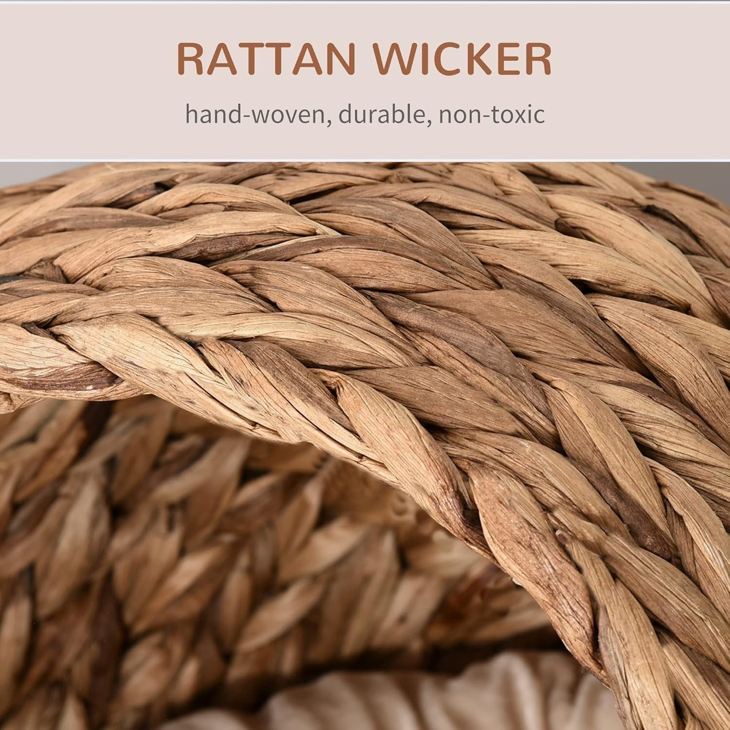 Raised Wicker Cat House Bed Water Hyacinth Basket w Soft Cushion