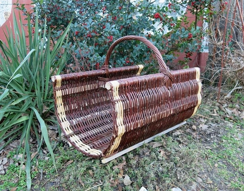 Wicker Log Basket with Handle for Indoor Wood Storage, Rustic Fireplace Holder