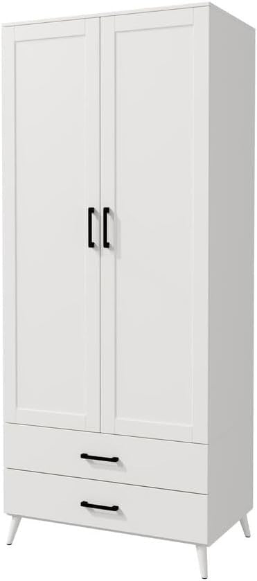 Modern White Wardrobe 2 Doors 2 Drawers Bedroom Clothes Storage Unit